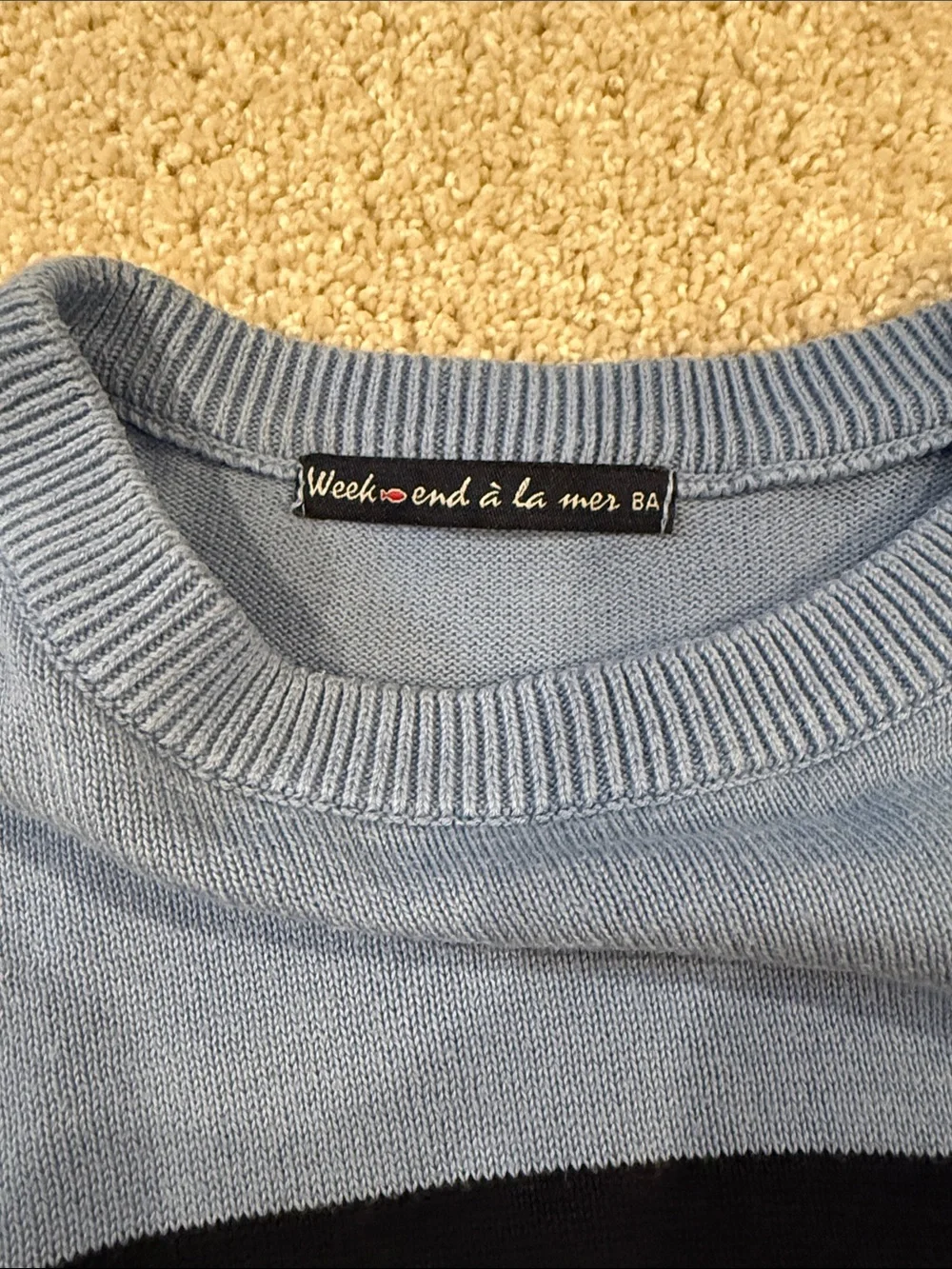 Striped Crewneck Sweater in Light Blue, Navy & White, size 8